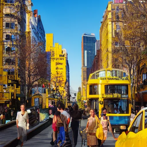 Prompt: a beautiful city scene where everyone is wearing yellow