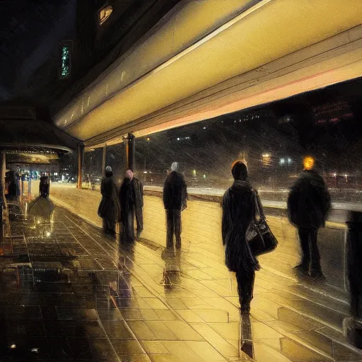 Prompt: wlop masterpiece, some people waiting in bus stop in dark city night, detailed, high quality, high resolution