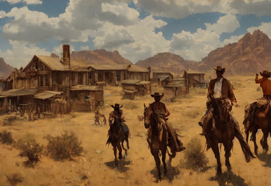 Image similar to greg manchess painting of a wild west abandoned town landscape with no person nor horse in the painting only buildings in the year 1 8 5 0, nobody living there, raining with grey sky, painting, trending on artstation, by huang guangjian and gil elvgren and sachin teng