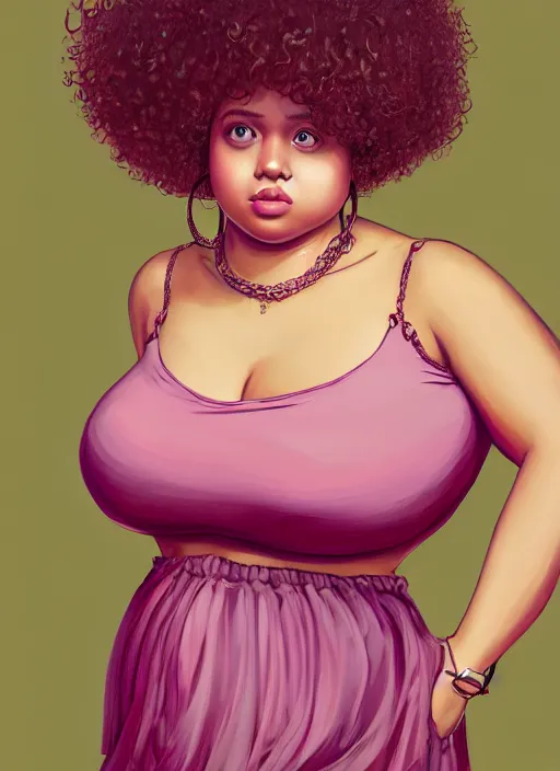 Image similar to full body portrait, teenage vanessa morgan, pink hair, brown skin, obese, curly pixie hair, sultry, realistic, short hair, hoop earrings, skirt, shirt, fat, belly, intricate, elegant, highly detailed, digital painting, artstation, concept art, smooth, sharp focus, illustration, art by wlop, mars ravelo and greg rutkowski