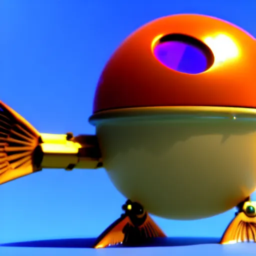 Image similar to a fish bowl mecha with arms, we can also see a fish inside of it, photorealistic 3 d render, unreal engine