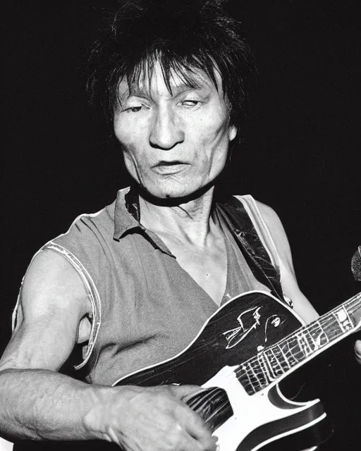 Image similar to sixty years old viktor tsoi with guitar in his hands, photo, microphone, rock concert, black and white, iso 6 0 0, 3 5 mm, codac gold