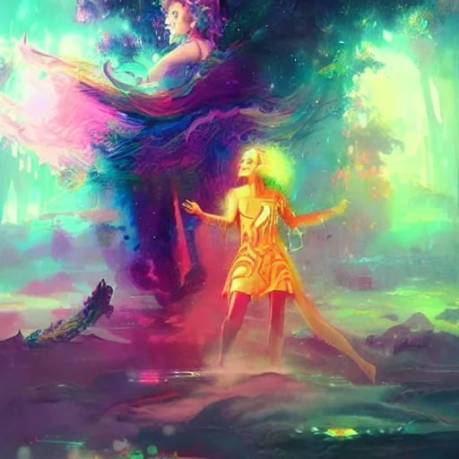 Prompt: a psychedelic realm where astral beings share love greg rutkowski wlop lisa frank bob ross ruan jia illustration