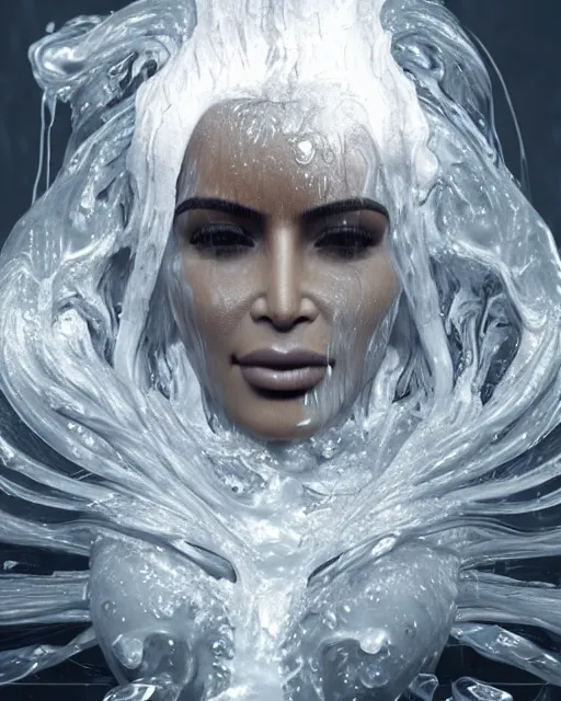 Image similar to epic still of kim kardashian trapped in a transparent alien liquid, wet flowing hair, gooey skin, illustration, unreal engine 5, 8 k, made by h. r. giger.