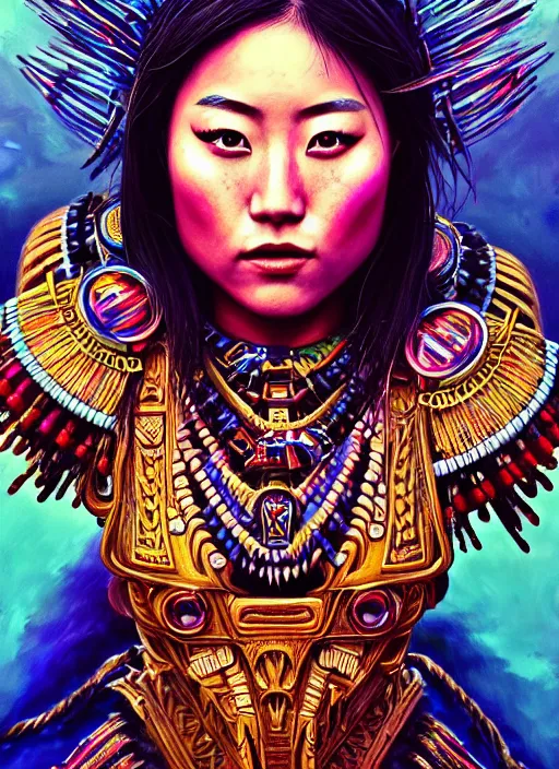 Image similar to portrait of karen fukuhara, hyper detailed ultra sharp aztec shaman warrior. trending on artstation, warpaint aesthetic, bloodwave, colorful, psychedelic, ornate, intricate, digital painting, concept art, smooth, sharp focus, illustration, art by artgerm and greg rutkowski and h. r. giger, 8 k