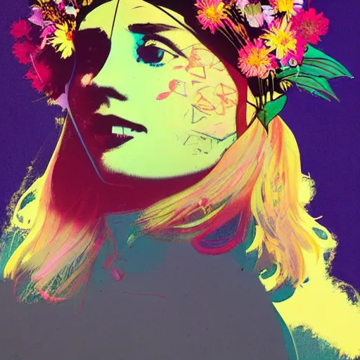 Image similar to a beautiful painting of a girl in a field of flowers with a helmet by andy warhol and conrad roset and alphonse mucha and nekro. in style of digital art. colorful comic, film noirs, symmetry, sharp lines, hyper detailed. octane render. trending on artstation