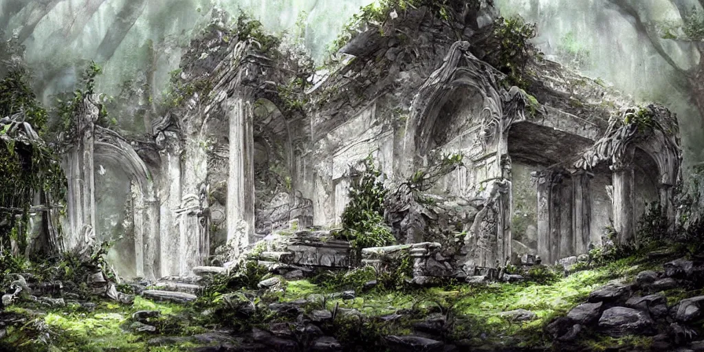 Prompt: painting of white elven ruins hidden in the wilderness, mysterious, fantasy