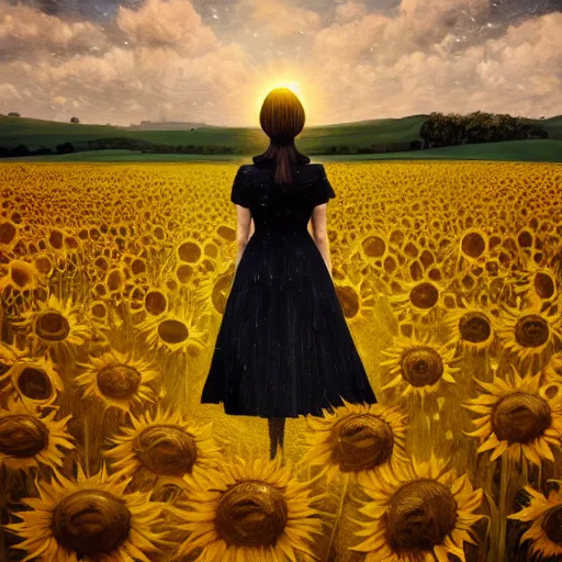 Prompt: giant yellow sunflower face, girl walking in wheat field, hills, surreal photography, dark night, star trails, dramatic light, impressionist painting, clouds, digital painting, artstation, simon stalenhag