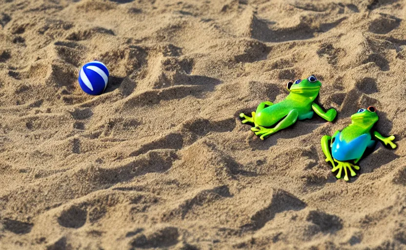 Image similar to frogs playing beach volleyball tornado, highly detailed, extremely high quality, hd, 4 k, 8 k, professional photographer, 4 0 mp, lifelike, top - rated, award winning, cinematic, realistic, detailed lighting, detailed shadows, sharp, no blur, edited, corrected, trending