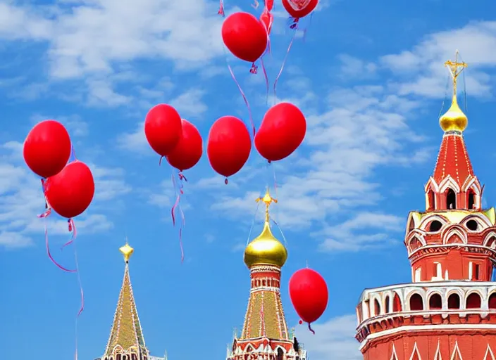 Prompt: 99 red balloons fly over the towers of the Moscow Kremlin, a big crowd looks upwards, sunny day, deep blue sky, award winning photo