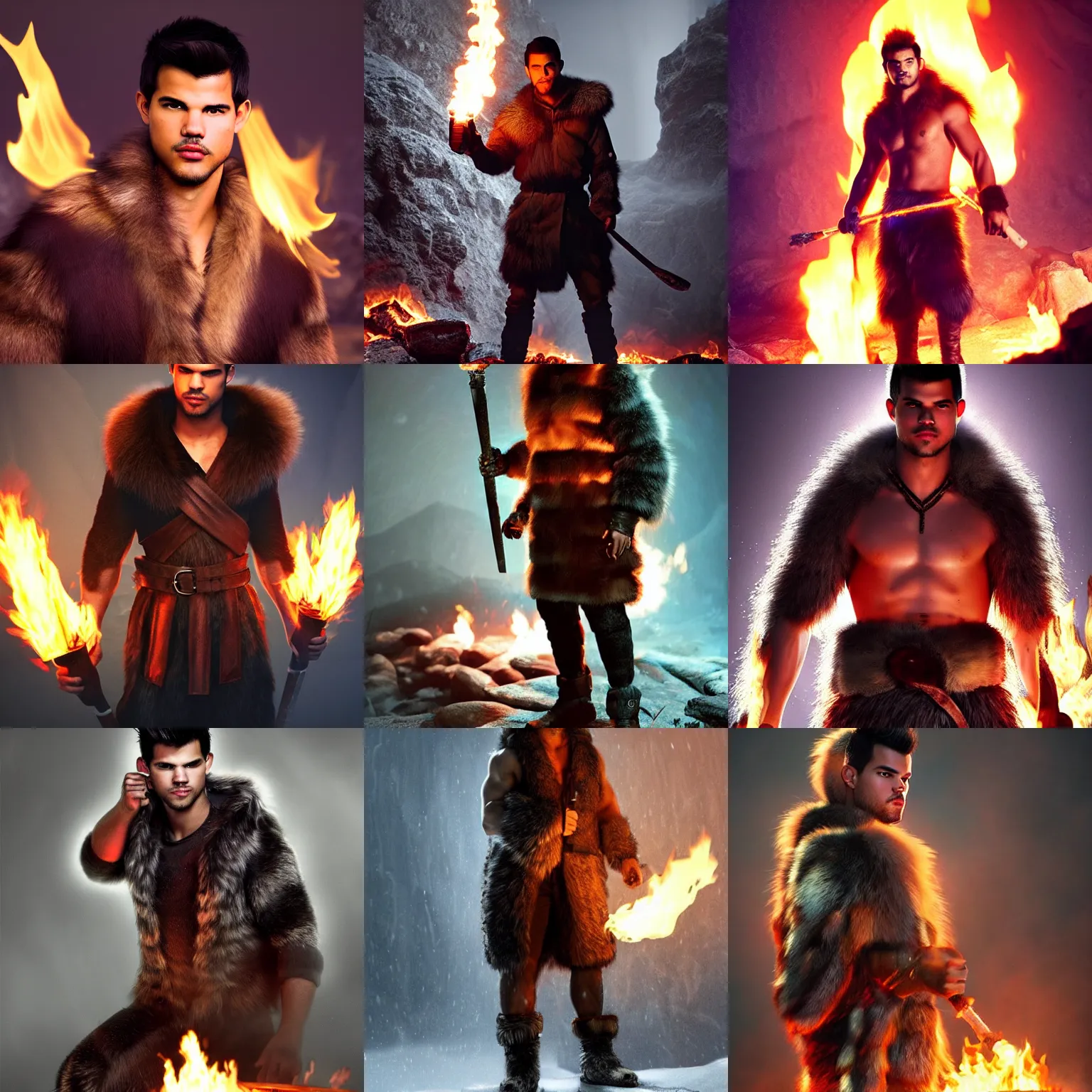 Prompt: Taylor Lautner wearing a fur barbarian tunic holding a glowing fire torch. In a dark cave. Trending on Artstation, octane render, ultra detailed, art by Ross tran