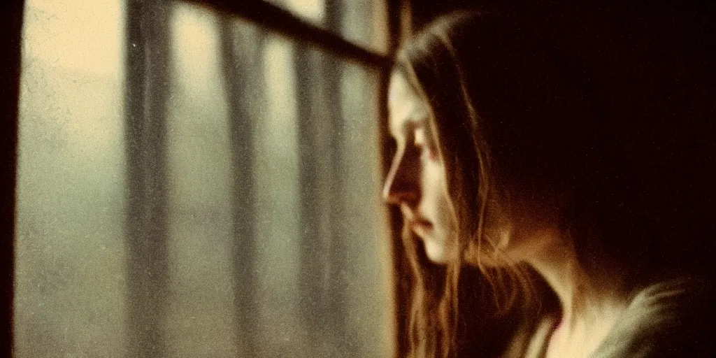 Image similar to portrait bust of young woman, tired expression, faded color film, russian cinema, tarkovsky, kodachrome, inside old cabin, next to window, heavy forest outside, long brown hair, old clothing, heavy fog, brown color palette, hudson river school, 4 k, dramatic lighting, greg rutkowski