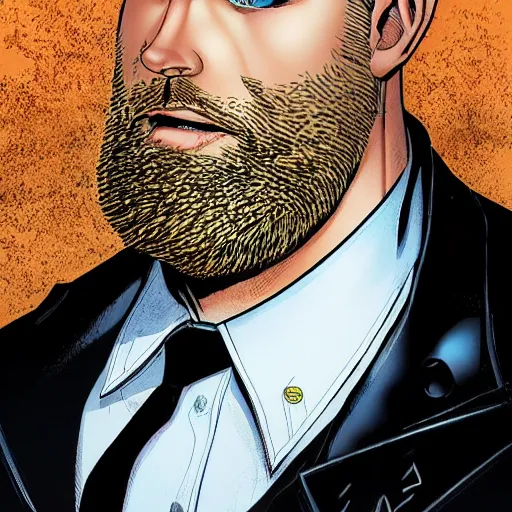 Image similar to portrait of a blonde pale police officer with short hair and a patchy beard, close up, grimy streets backdrop, detailed, art by russell dauterman and ryan ottley and patrick gleason and stefano caselli and marco checchetto esad ribic