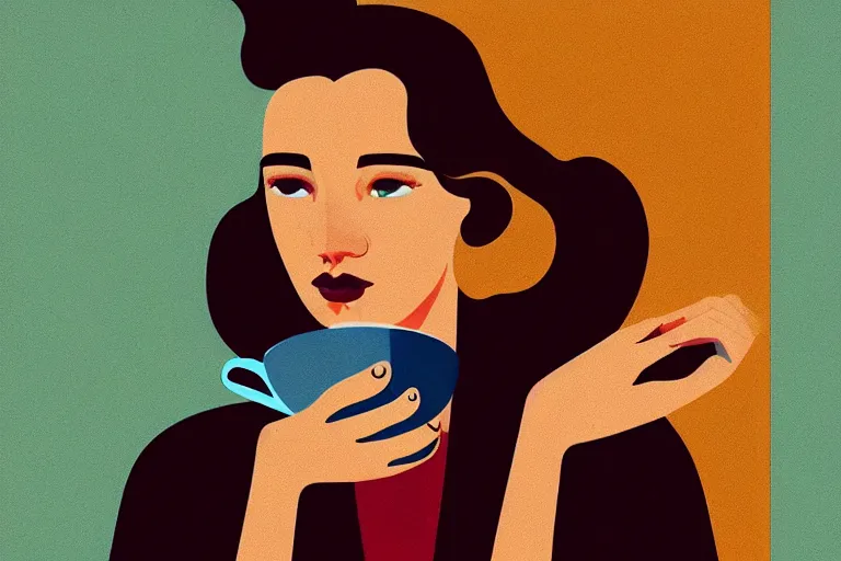 Image similar to editorial illustration by Karolis Strautniekas and Mads Berg ,Tsuruta Kenj style, portrait of a young woman drinking tea, colorful, fine texture,detailed, muted colors,film noir, dramatic lighting, dynamic composition,moody, vivid, matte print, Crepuscular rays