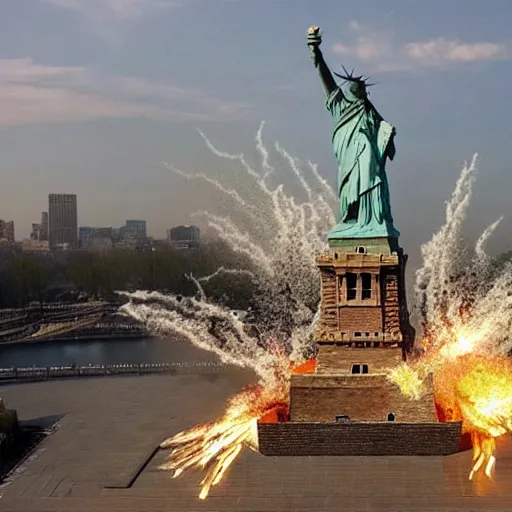 Prompt: an exploding Statue of Liberty in the style of NAOYA HATAKEYAMA, CAI GUO-QIANG, and LOS CARPINTEROS