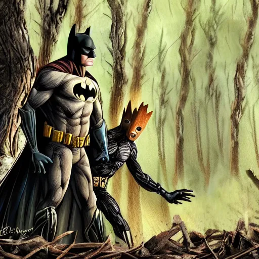 Image similar to batman meets groot in the woods digital art 4 k detailed super realistic