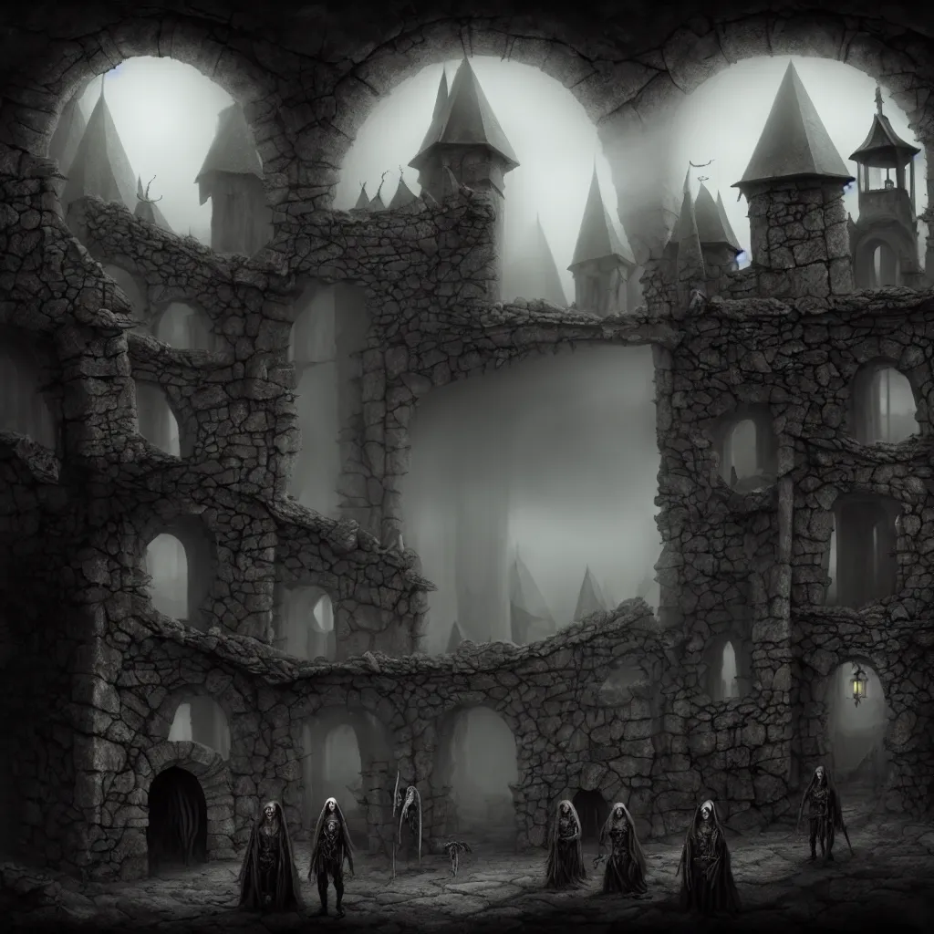Prompt: evil witches wearing animal bones, bones, old stone walls, a detailed matte painting, fantasy, foggy, dark, 8 k