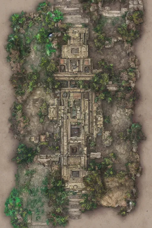 Prompt: full - color fantasy floor plan map of a ruined temple, 8 k, sharp details, highly detailed, bold edges, by greg rutkowski and james gurney, trending on artstation