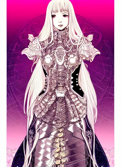 Image similar to highly detailed terada katsuya artgerm artstation s minaba hideo manga poster of princess mechine, long hair, armor, dress, laces, ruffles, 8 k, maximalist, hinny fluorescent gradient reflection, jump comics, tomer hanuka, alphonse mucha