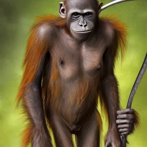 Prompt: “tall Goblin orangutan human hyena hybrid with mange holding a spear, jungle background”