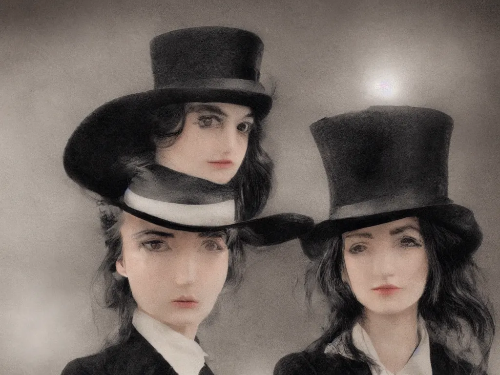 Prompt: Close up portrait of an elegant long haired lady wearing a gentleman suit and tophat in anime style, highly detailed, matte painting, noir, 70s, americana, photorealistic, ethereal ghostly atmosphere