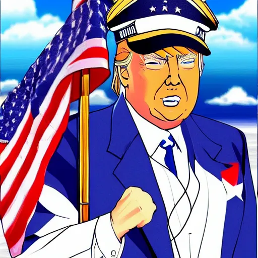 Image similar to donald trump as part warship in the style of anime kancolle azul lane