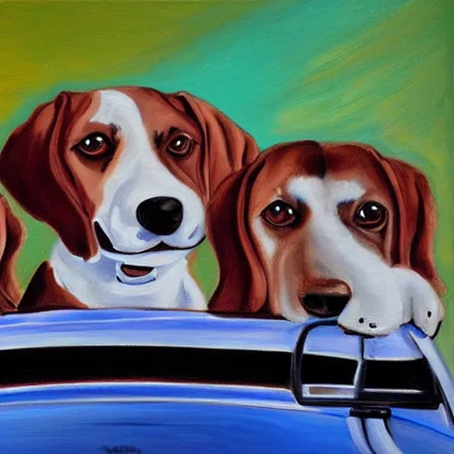 Image similar to “a painting by ducio of a three dogs in a car, highly detailed, trending on art station, 4k”