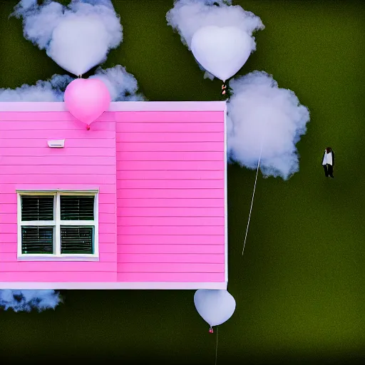 Image similar to dream a 5 0 mm lens photograph of a cute pink floating modern house, floating in the air between clouds, inspired by the movie up, held up from above by heart ballons. mist, playful composition canon, nikon, award winning, photo of the year