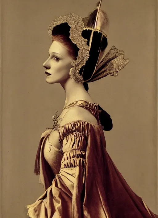 Prompt: portrait of young woman in renaissance dress and renaissance headdress, art by richard avedon