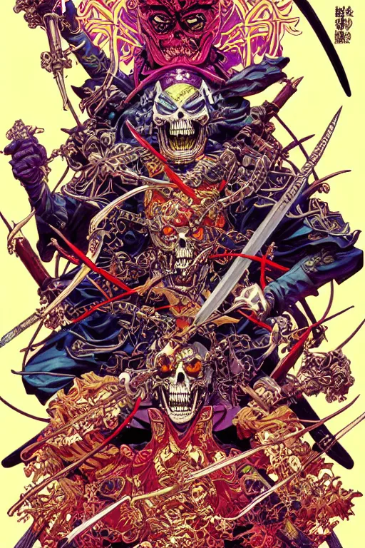 Prompt: poster of crazy skeletor samurai, by yoichi hatakenaka, masamune shirow, josan gonzales and dan mumford, ayami kojima, takato yamamoto, barclay shaw, karol bak, yukito kishiro