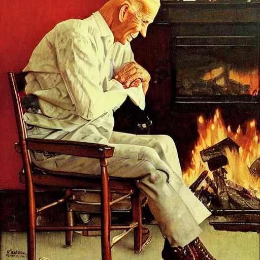 Image similar to eye level portrait painting by Norman Rockwell of Joe Biden sitting in a chair. Cozy fire. Legs apart