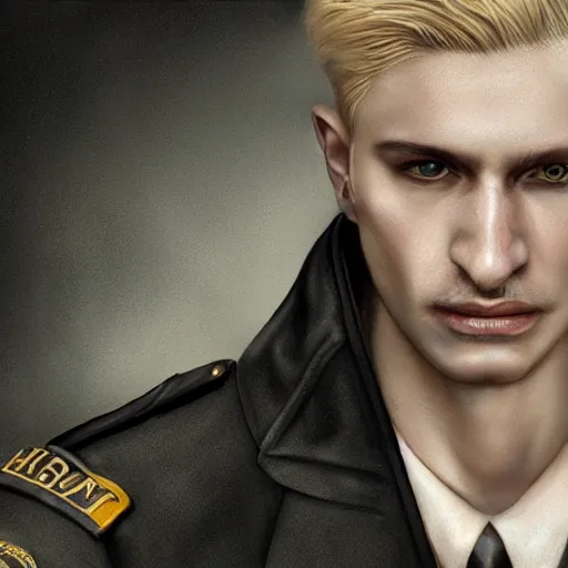 Image similar to portrait painting of a vampire police officer with pale skin short blond hair and a patchy beard, ultra realistic, concept art, intricate details, eerie, highly detailed, photorealistic, octane render, 8 k, unreal engine. art by artgerm and greg rutkowski