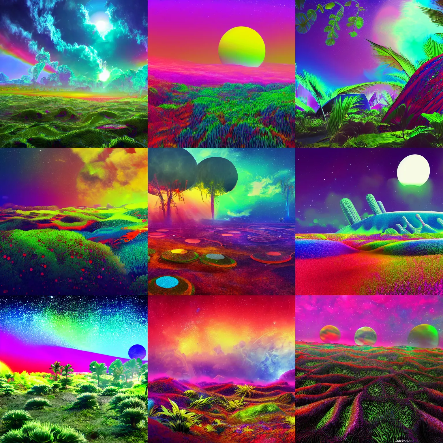 Prompt: multi colored psychedelic plants growing and spreading beyond the land into the horizon, giant moons in the sky, beautiful environment, futuristic, trending on artstation, concept, 4k