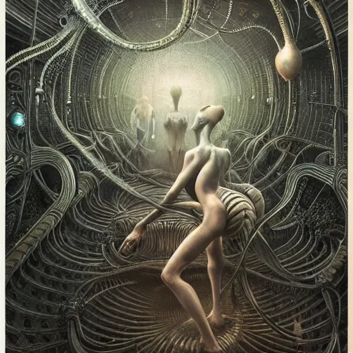 Image similar to ultra realist intricate detailed painting of an attractive alien female and alien male, full body, curvy, black scales and cyborg tech, very intricate details, focus, artstyle Beksiński and Hiraku Tanaka and Tom Bagshaw, award winning