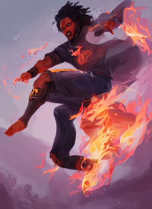Image similar to a highly detailed illustration of young black guy with tall hair wearing tracksuit with flaming feet, heroic kicking pose, intricate, elegant, highly detailed, centered, digital painting, artstation, concept art, smooth, sharp focus, league of legends concept art, wlop