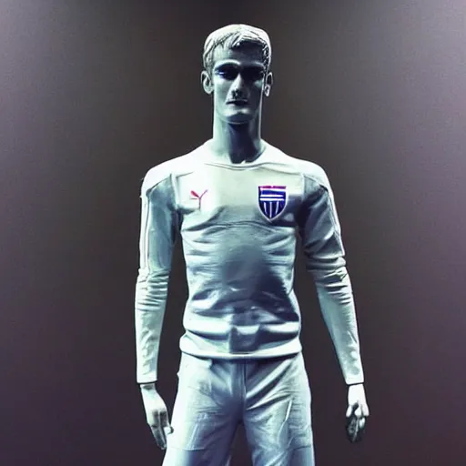 Image similar to “ a realistic detailed photo of a guy who is an attractive humanoid who is half robot and half humanoid, who is a male android, soccer player antoine griezmann, shiny skin, posing like a statue, blank stare, at the museum, on display ”