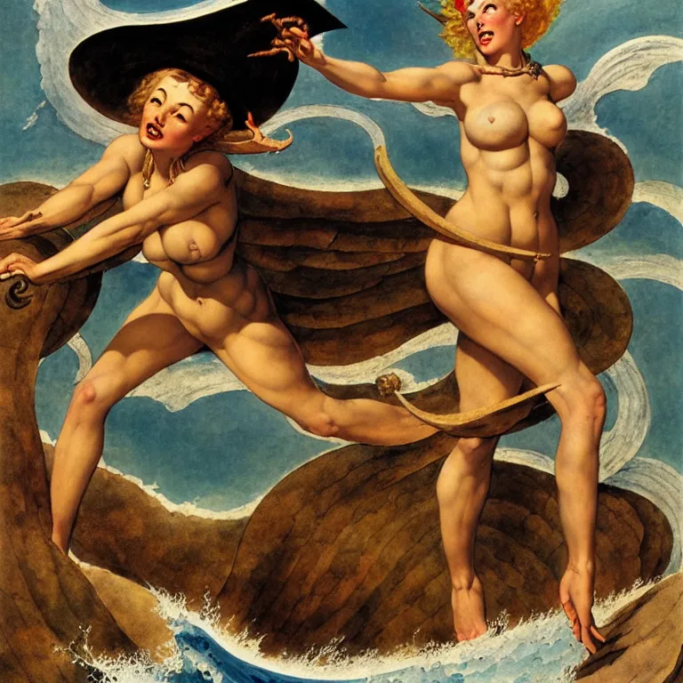 Image similar to a pirate witch summoning a giant wave by william blake and art frahm and earl moran and fritz willis and gil elvgren, detailed, photorealism