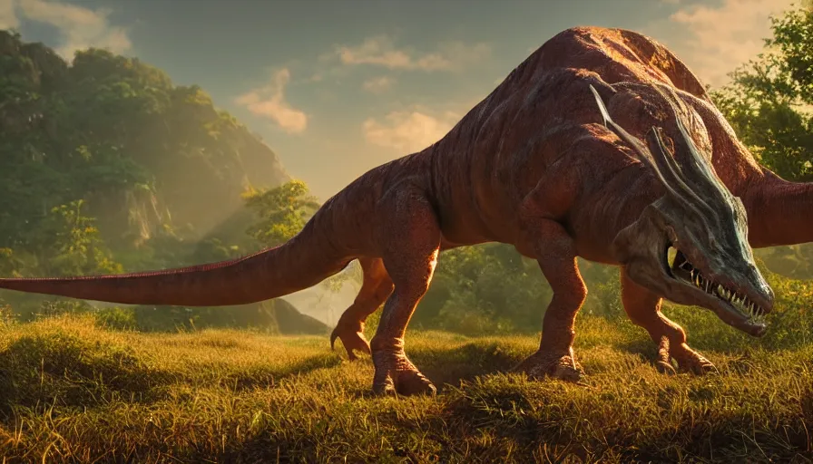 Image similar to hyper realistic highly detailed nature photography of a dinosaur, prehistoric planet, volumetric lighting, octane render, 4 k resolution, golden hour