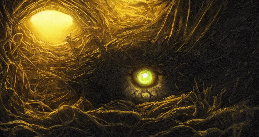 Image similar to an eye inside a mouth of a child with pointed teeth and glowing yellow eyes, nightmare, dark, h. p. lovecraft, portrait, intricate, detailed, volumetric lighting, scenery, digital painting, highly detailed, artstation, sharp focus, illustration, concept art, art by artgerm and greg rutkowski