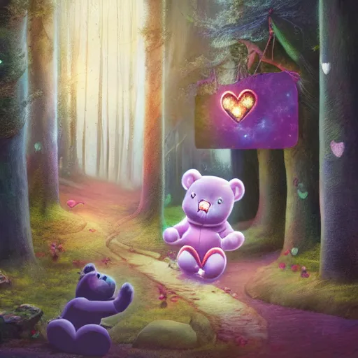 Image similar to demonic care bears in magical forest, dark atmosphere, high detail, soft lighting, 8 k