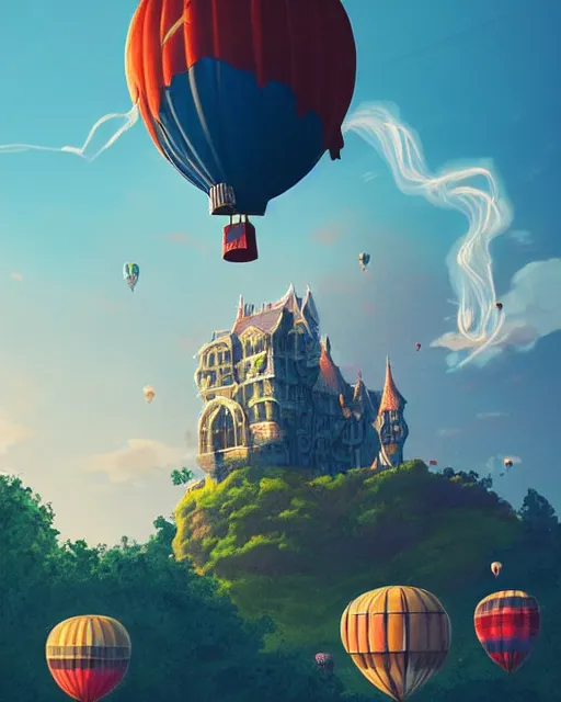Image similar to flying cloud castle, buildings, baloons, bright, blue sky, mountains, colorful, cinematic lighting, fantasy, high detail, illustration, masterpiece, artstation, 4 k, art by wylie beckert