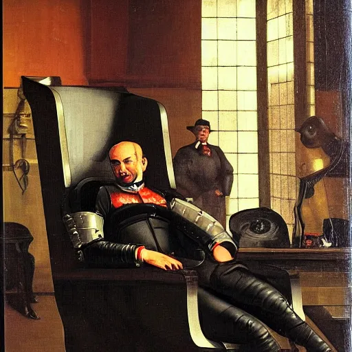 Prompt: a rich business man sitting in a big chair with a smirk, futuristic, sci - fi, by velazquez