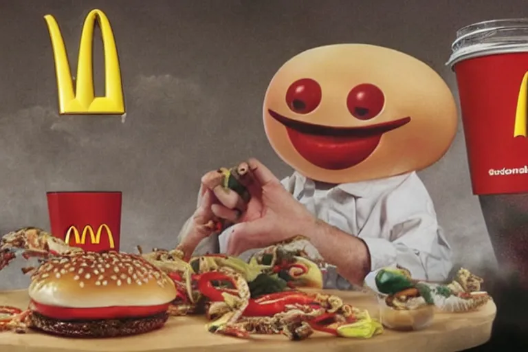 Prompt: a mcdonald's ad for horrific spiders