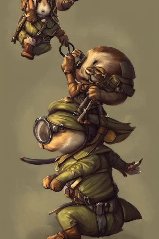 Image similar to cute little anthropomorphic Guinea Pig Paratrooper parachuting, tiny, small, short, Army ranger outfit, cute and adorable, pretty, beautiful, DnD character art portrait, matte fantasy painting, DeviantArt Artstation, by Jason Felix by Steve Argyle by Tyler Jacobson by Peter Mohrbacher, cinematic lighting