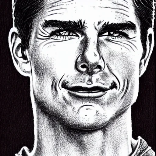 Image similar to a portrait drawing of Tom Cruise drawn by Robert Crumb