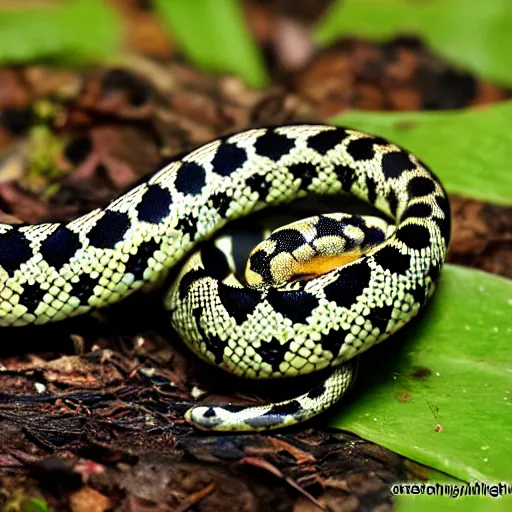 Prompt: checkered garter snake smelling a flower in the style of anime, cute