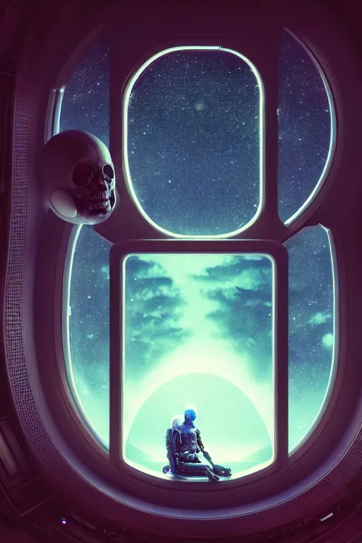 Image similar to human, sitting sad in spaceship, gazing at view of galaxy in space through a window, intricate detailed environment, photorealistic!, octane render, mechanical, concept art, cinematic lighting, digital art, interstellar, hyper realism, sharp, cyberpunk, 8 k, de dia los muertos. by angus mckie, moebius, maciej kuciara