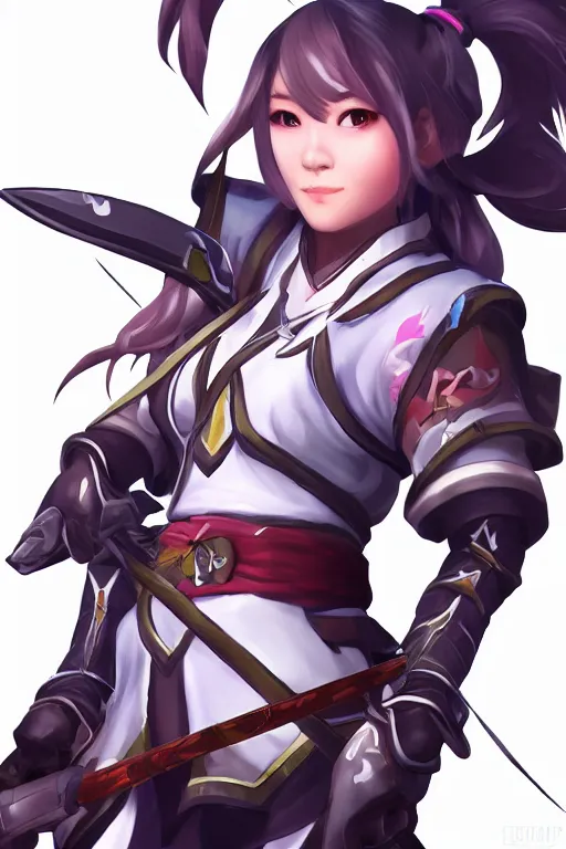 Image similar to a south korean female from video game paladins, white ponytail hair, she is holding kunai, highly detailed digital art, character design, masterpiece