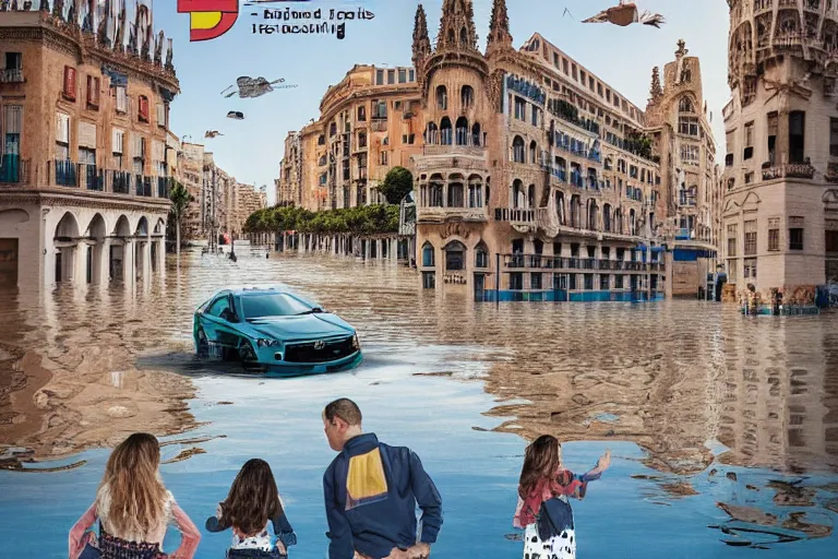 Prompt: touristic brochure of a family visiting a catastrophic barcelona, buildings covered with high water, floating cars, catchy graphic design, photo real