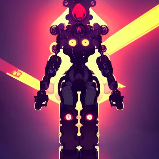 Image similar to a full body character design by artgerm, cushart krenz, ross tran, alphonse mucha. grungy industrial rectangular faceless mech robot wreathed in flame!! bold outline sharp edges. ultra clear detailed. 8 k. elegant, neon colors, dynamic angle, intricate complexity, epic composition, action pose, cinematic lighting masterpiece